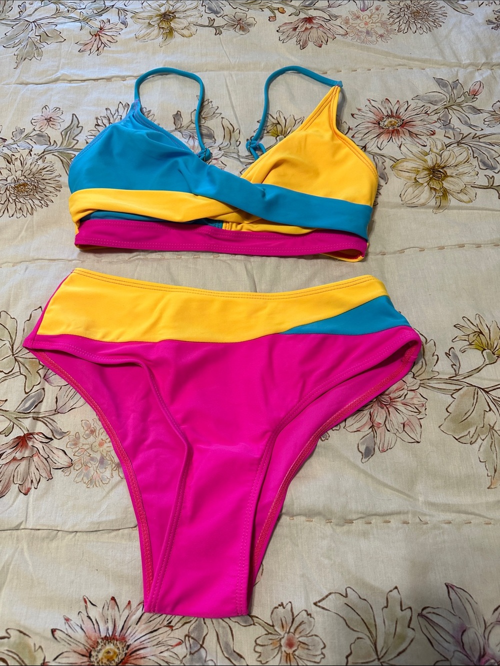 Colorblock Bikini Set in Pink, Yellow & Teal